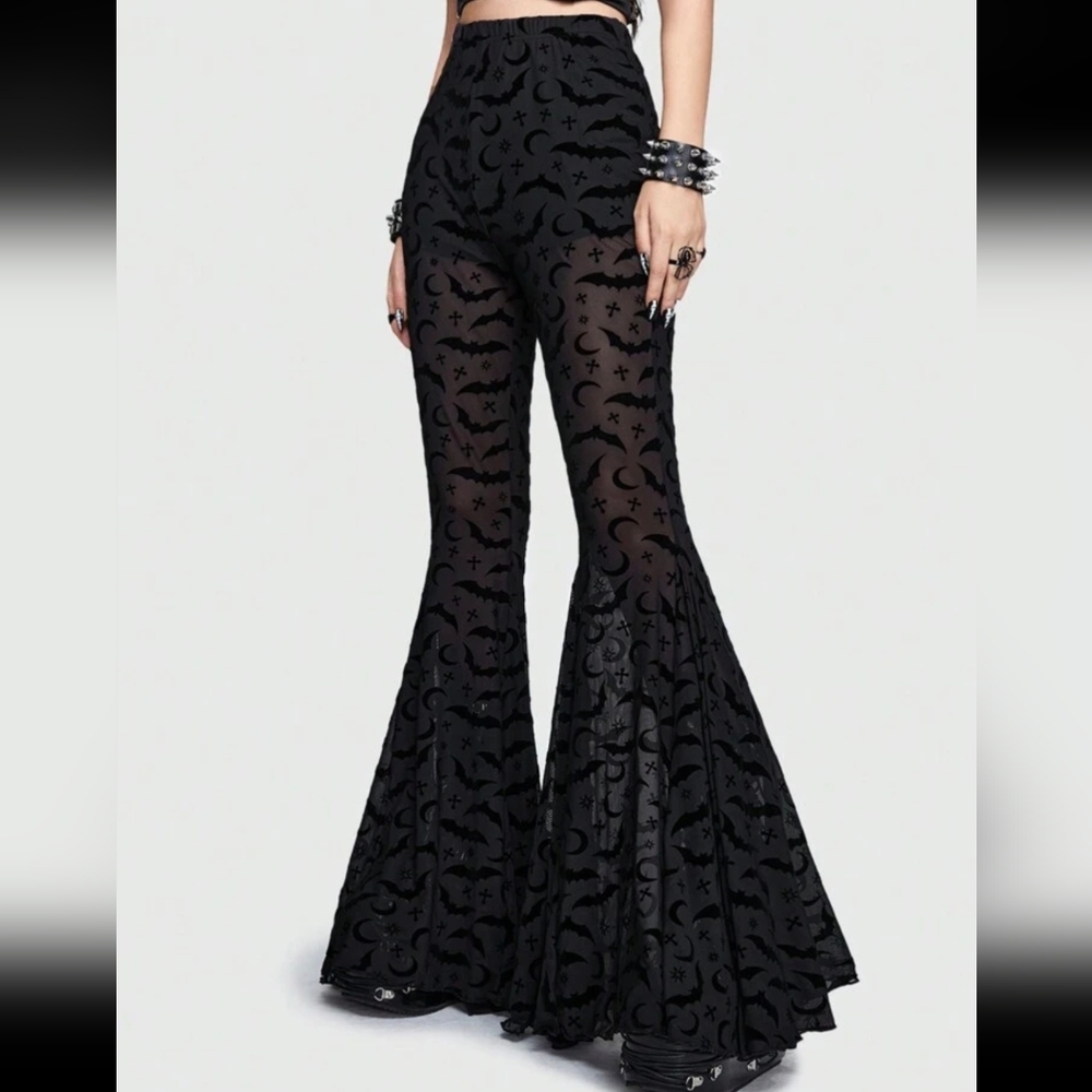 Nwot ROMWE Black Sheer Velvet Flared Pants With Moon & Bat Print